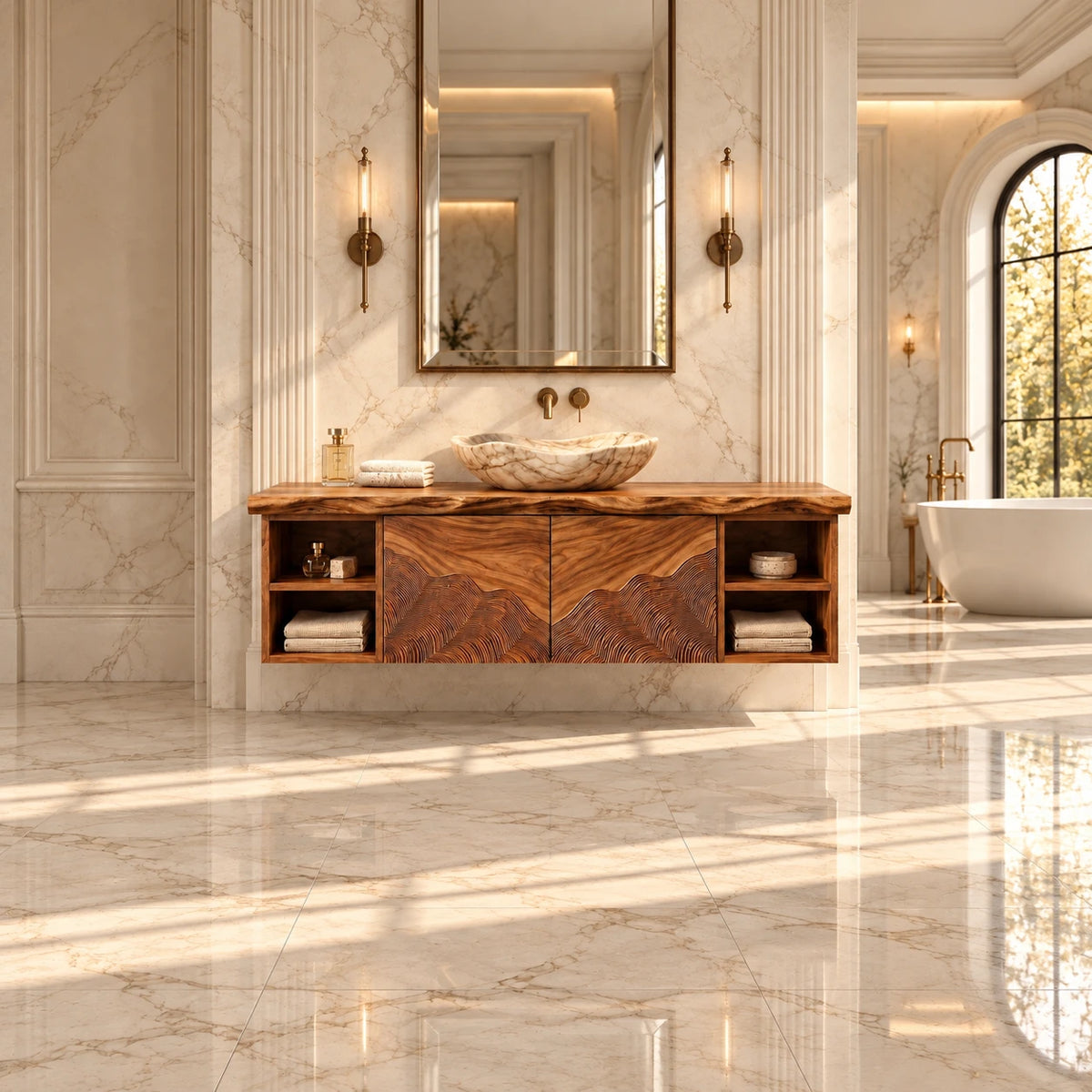 Single Bathroom Vanity with Sink, Wave-Carved Doors and Open End Shelves - Woodenecho - 2