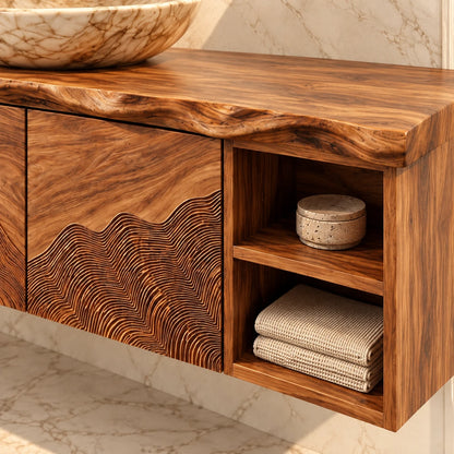 Single Bathroom Vanity with Sink, Wave-Carved Doors and Open End Shelves - Woodenecho - 3