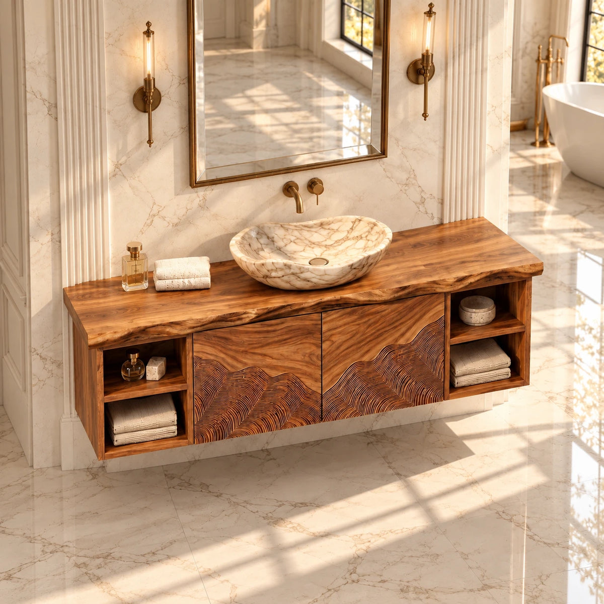 Single Bathroom Vanity with Sink, Wave-Carved Doors and Open End Shelves - Woodenecho - 4