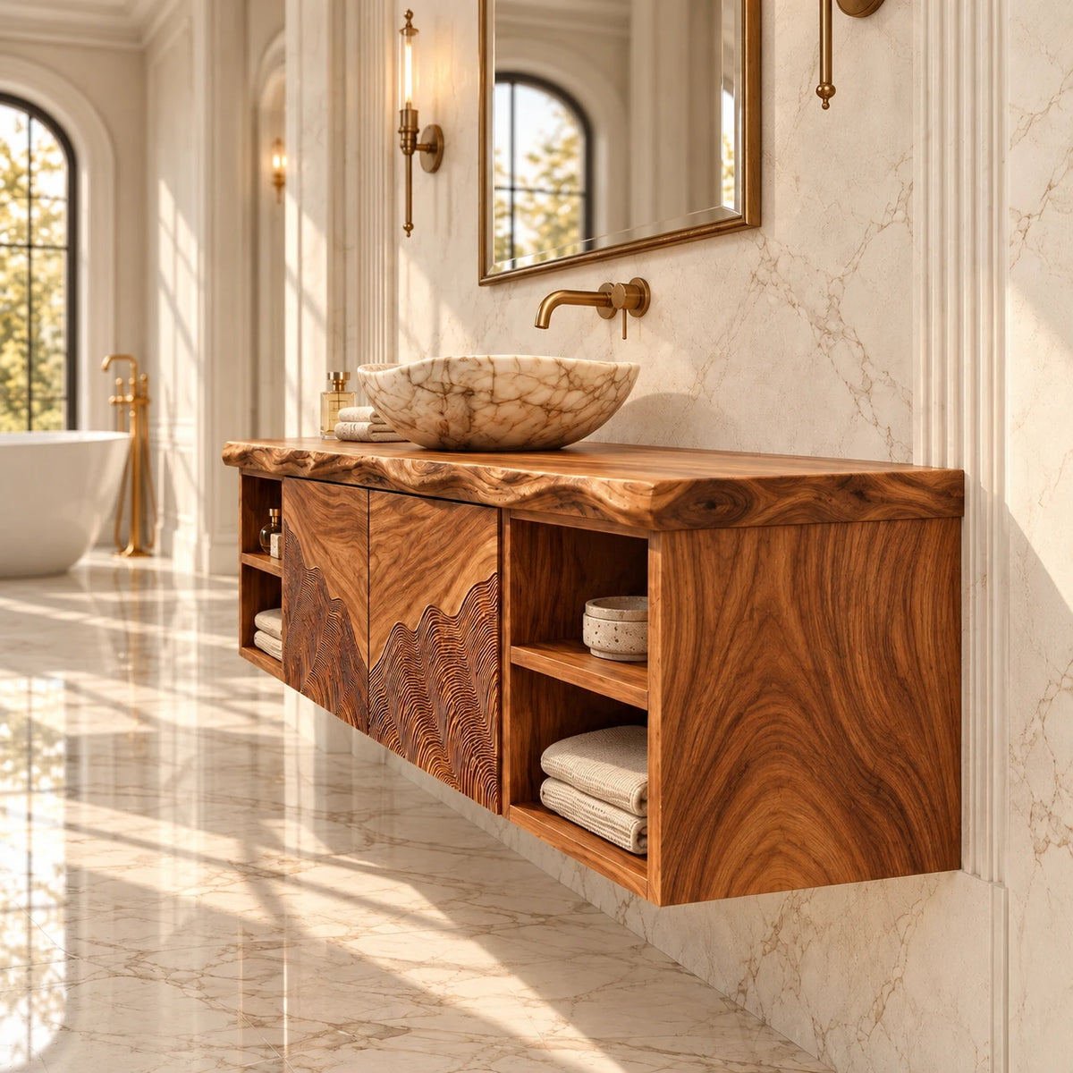 Single Bathroom Vanity with Sink, Wave-Carved Doors and Open End Shelves - Woodenecho - 5