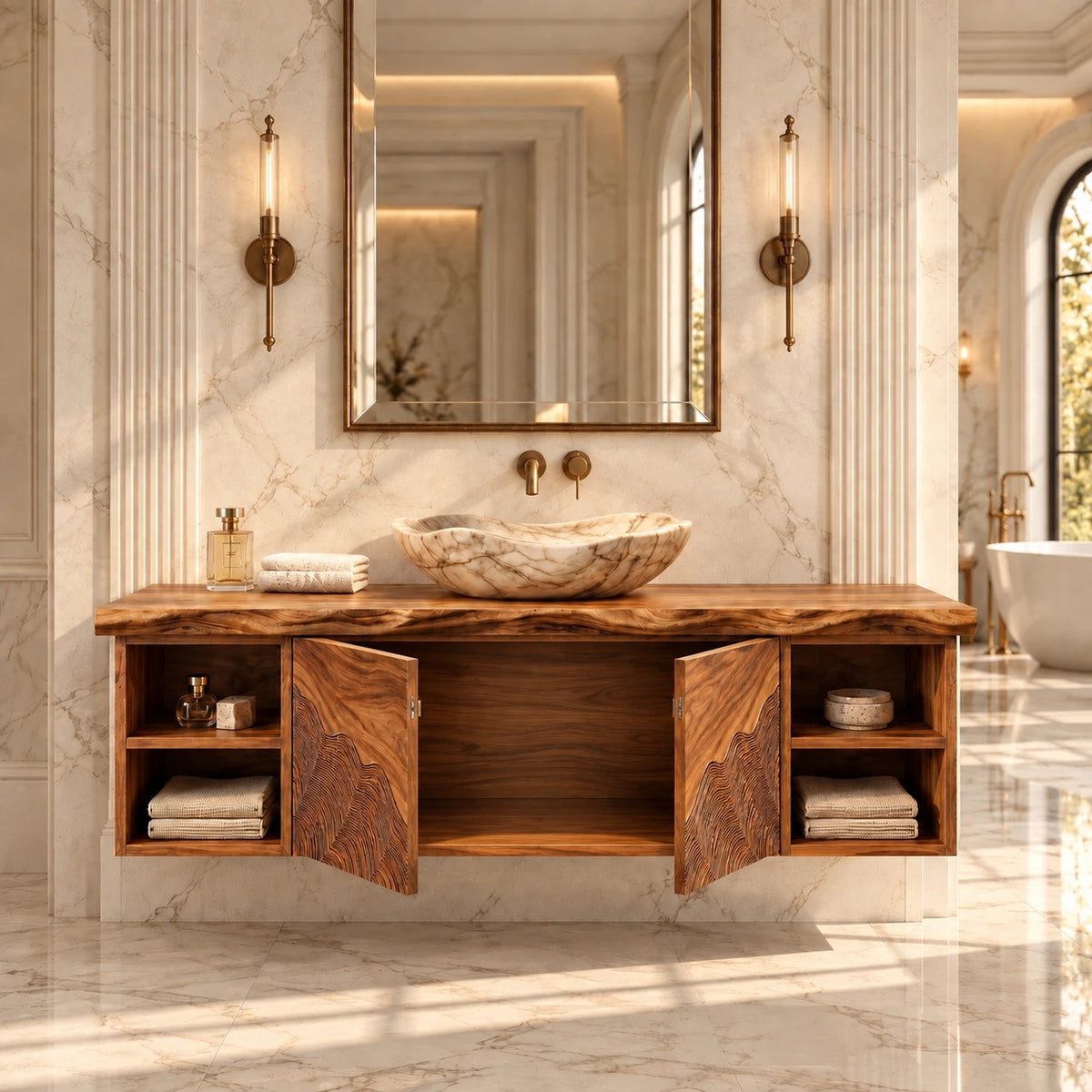 Single Bathroom Vanity with Sink, Wave-Carved Doors and Open End Shelves - Woodenecho - 6