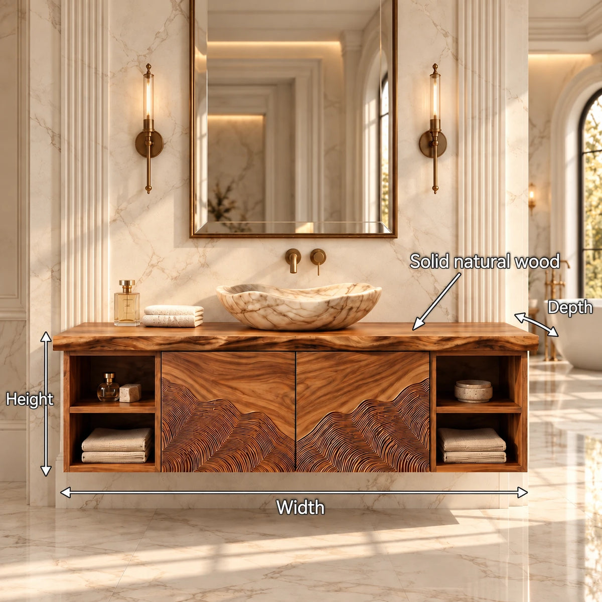 Single Bathroom Vanity with Sink, Wave-Carved Doors and Open End Shelves - Woodenecho - 7