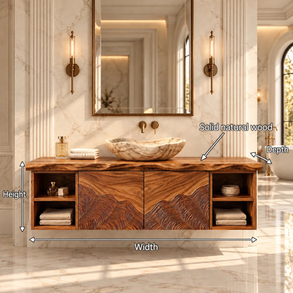 Single Bathroom Vanity with Sink, Wave-Carved Doors and Open End Shelves - Woodenecho - 7