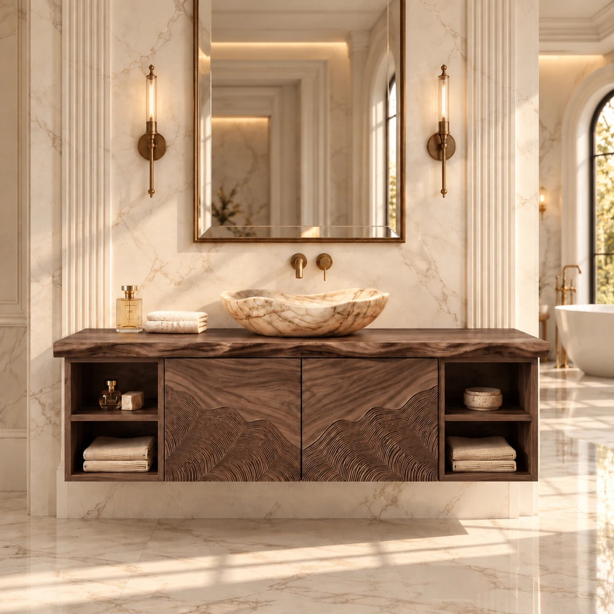 Single Bathroom Vanity with Sink, Wave-Carved Doors and Open End Shelves - Woodenecho - 8