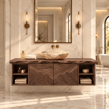 Single Bathroom Vanity with Sink, Wave-Carved Doors and Open End Shelves - Woodenecho - 8