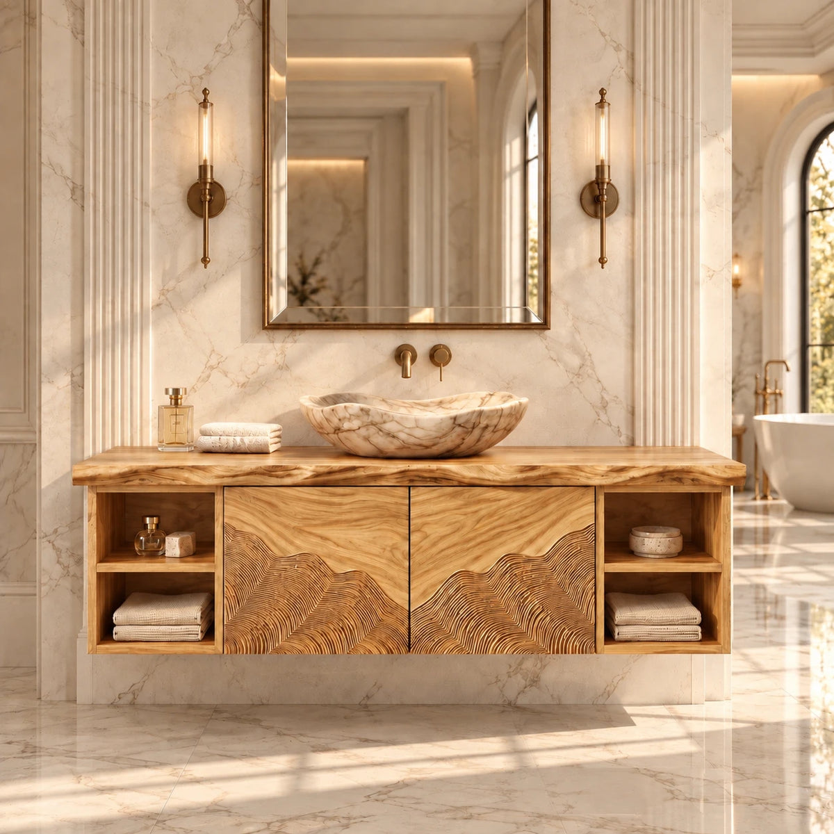 Single Bathroom Vanity with Sink, Wave-Carved Doors and Open End Shelves - Woodenecho - 9