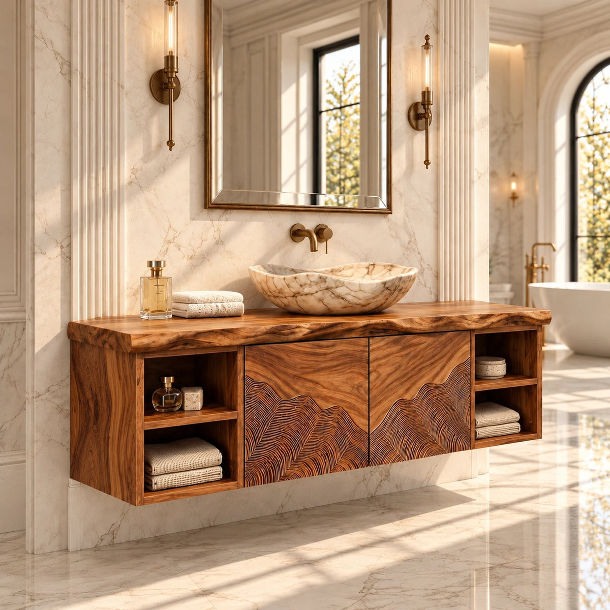 Single Bathroom Vanity with Sink, Wave-Carved Doors and Open End Shelves - Woodenecho