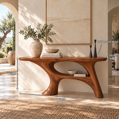 Sofa Table with Organic Pedestal Base, Open Center Loop and Low Shelf - Woodenecho - 10