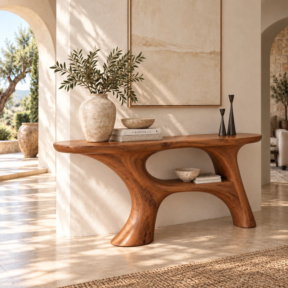 Sofa Table with Organic Pedestal Base, Open Center Loop and Low Shelf - Woodenecho - 2