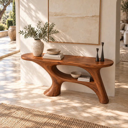 Sofa Table with Organic Pedestal Base, Open Center Loop and Low Shelf - Woodenecho - 5