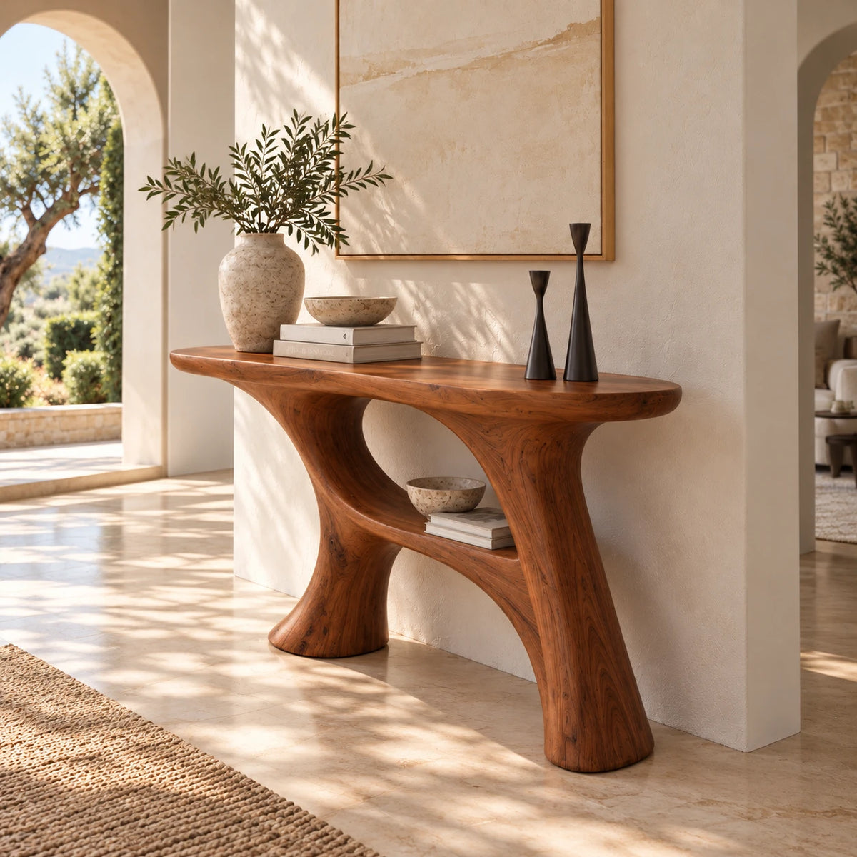 Sofa Table with Organic Pedestal Base, Open Center Loop and Low Shelf - Woodenecho - 6