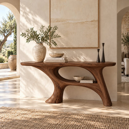 Sofa Table with Organic Pedestal Base, Open Center Loop and Low Shelf - Woodenecho - 7