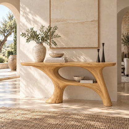 Sofa Table with Organic Pedestal Base, Open Center Loop and Low Shelf - Woodenecho - 8