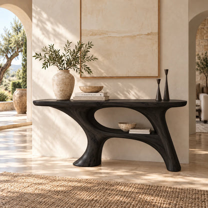 Sofa Table with Organic Pedestal Base, Open Center Loop and Low Shelf - Woodenecho - 9