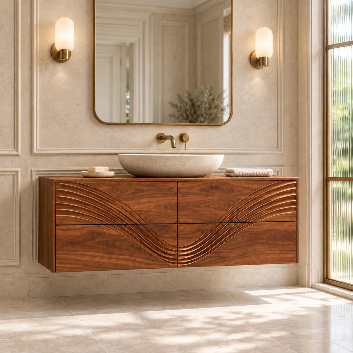 Solid Wood Bathroom Vanity with Four Wave-Carved Drawers and Round Vessel Basin - Woodenecho - 10