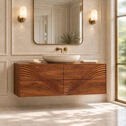 Solid Wood Bathroom Vanity with Four Wave-Carved Drawers and Round Vessel Basin - Woodenecho - 10