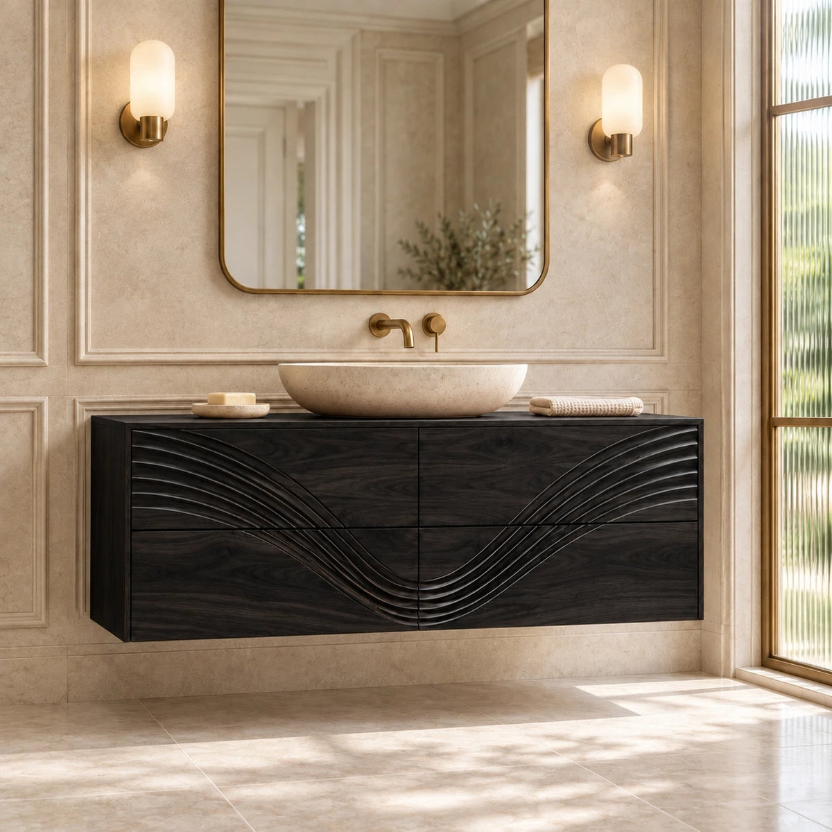 Solid Wood Bathroom Vanity with Four Wave-Carved Drawers and Round Vessel Basin - Woodenecho - 11