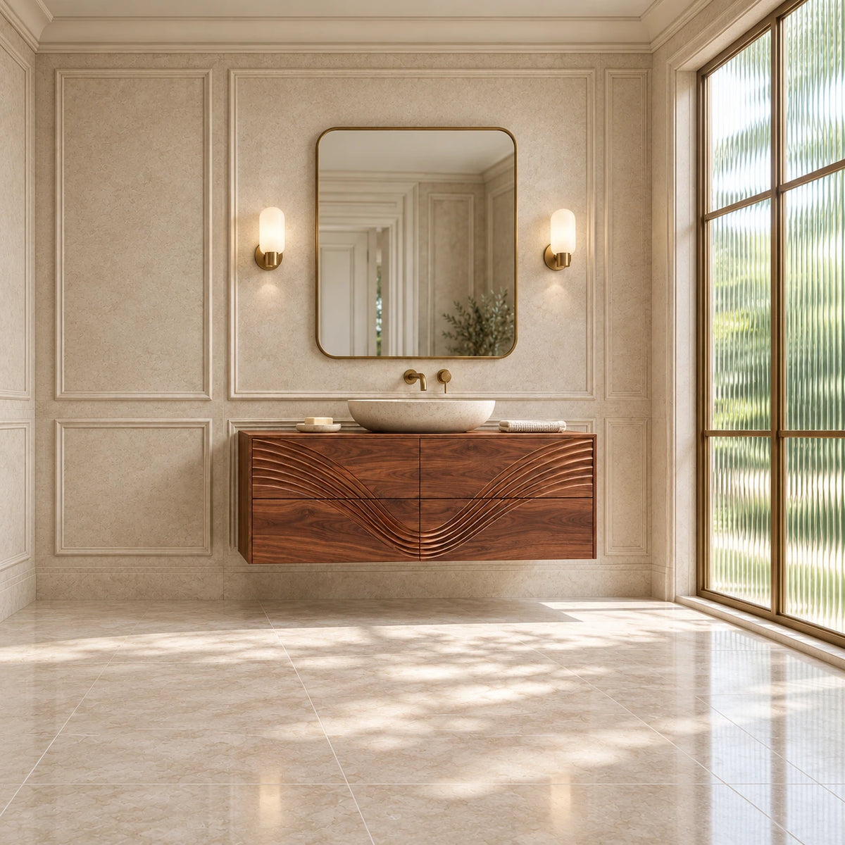 Solid Wood Bathroom Vanity with Four Wave-Carved Drawers and Round Vessel Basin - Woodenecho - 2