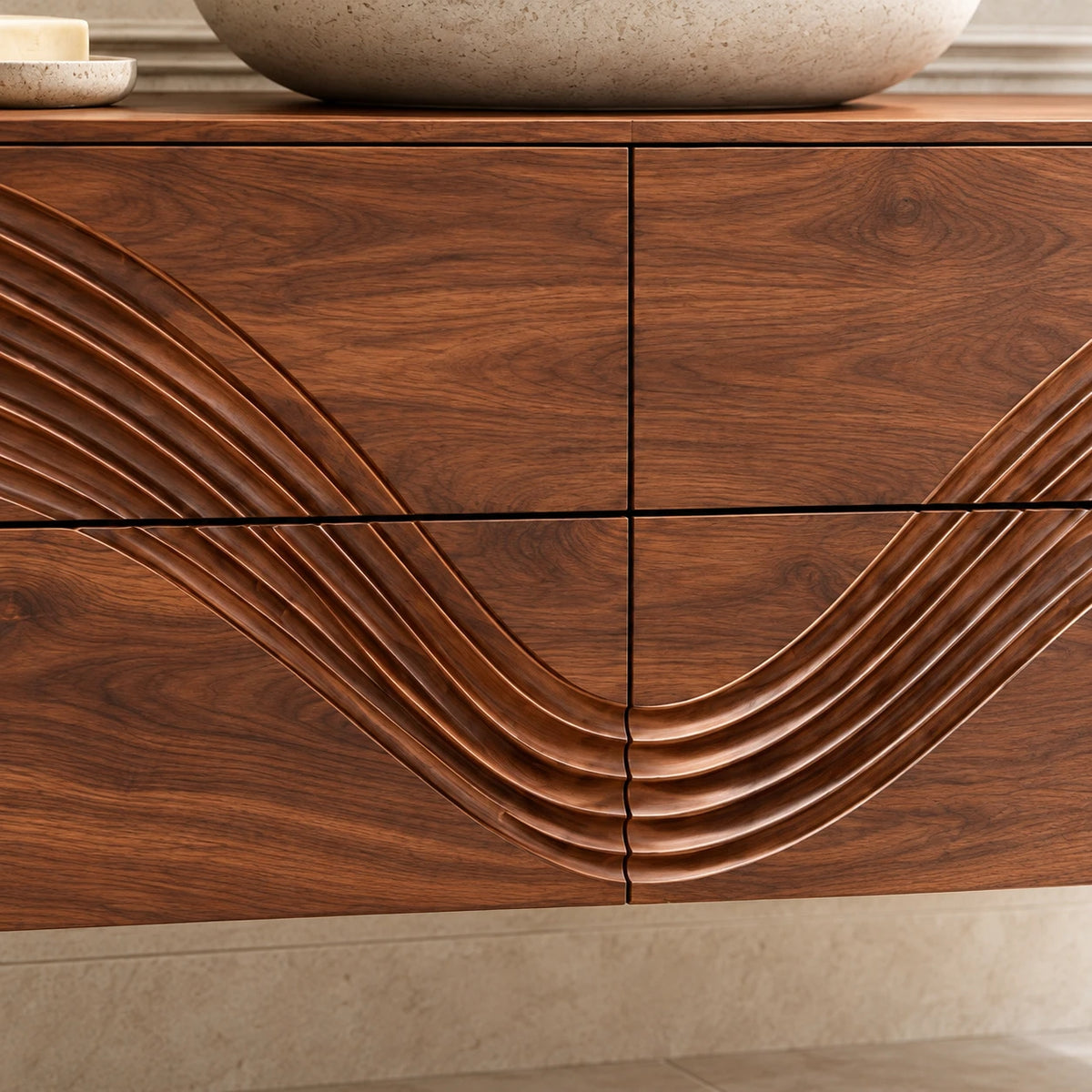Solid Wood Bathroom Vanity with Four Wave-Carved Drawers and Round Vessel Basin - Woodenecho - 3
