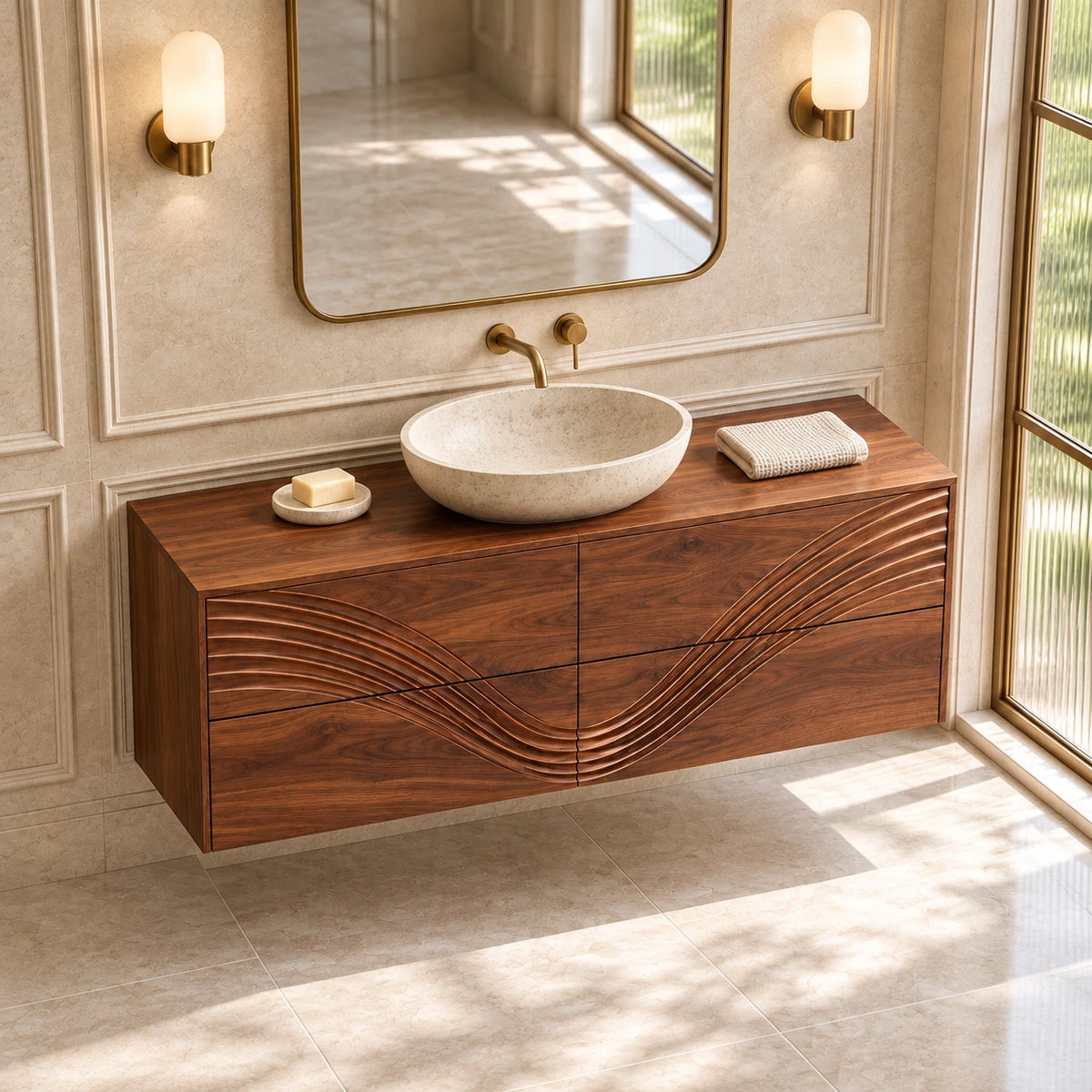 Solid Wood Bathroom Vanity with Four Wave-Carved Drawers and Round Vessel Basin - Woodenecho - 4