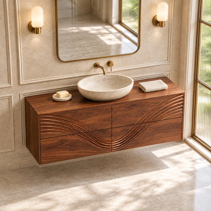 Solid Wood Bathroom Vanity with Four Wave-Carved Drawers and Round Vessel Basin - Woodenecho - 4