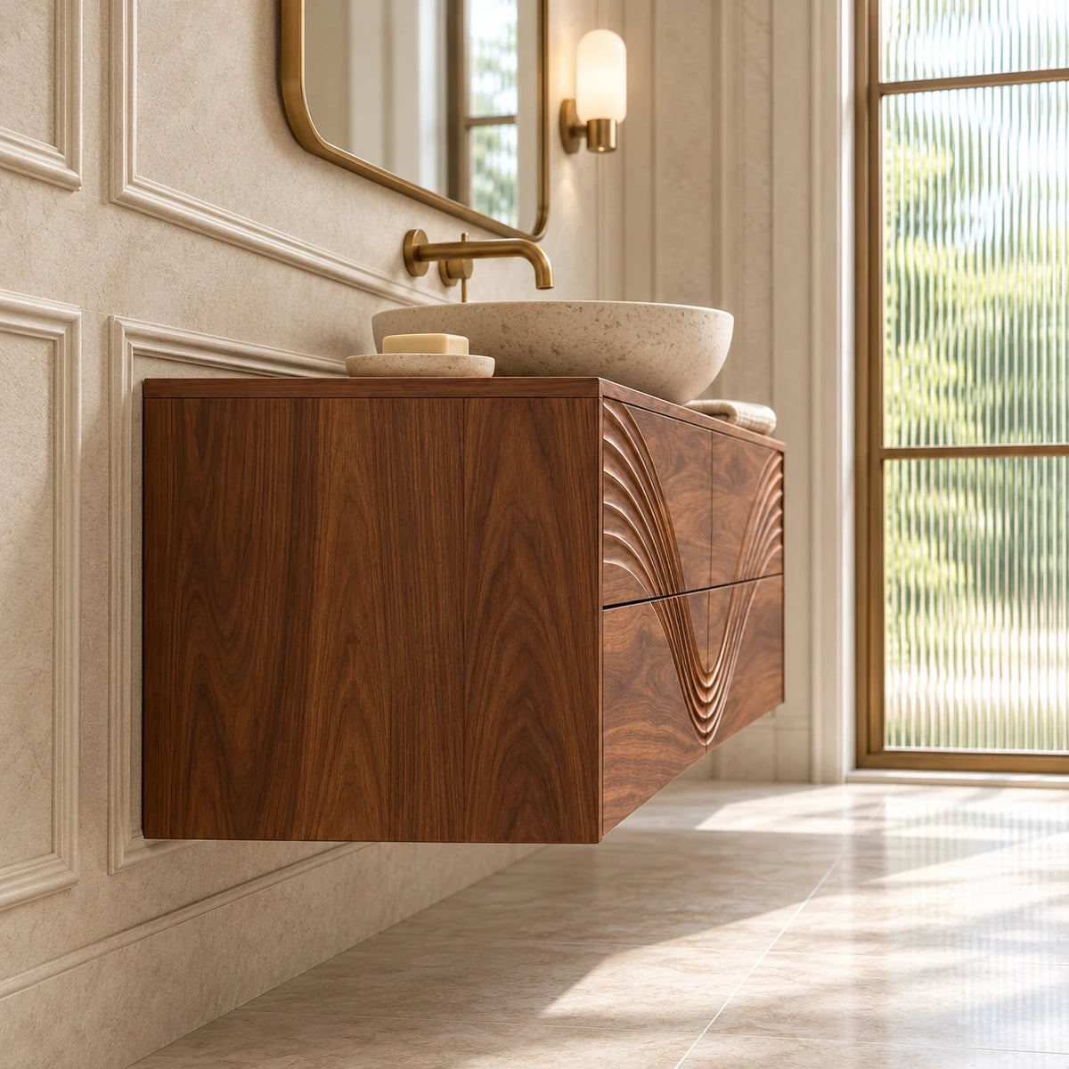 Solid Wood Bathroom Vanity with Four Wave-Carved Drawers and Round Vessel Basin - Woodenecho - 5