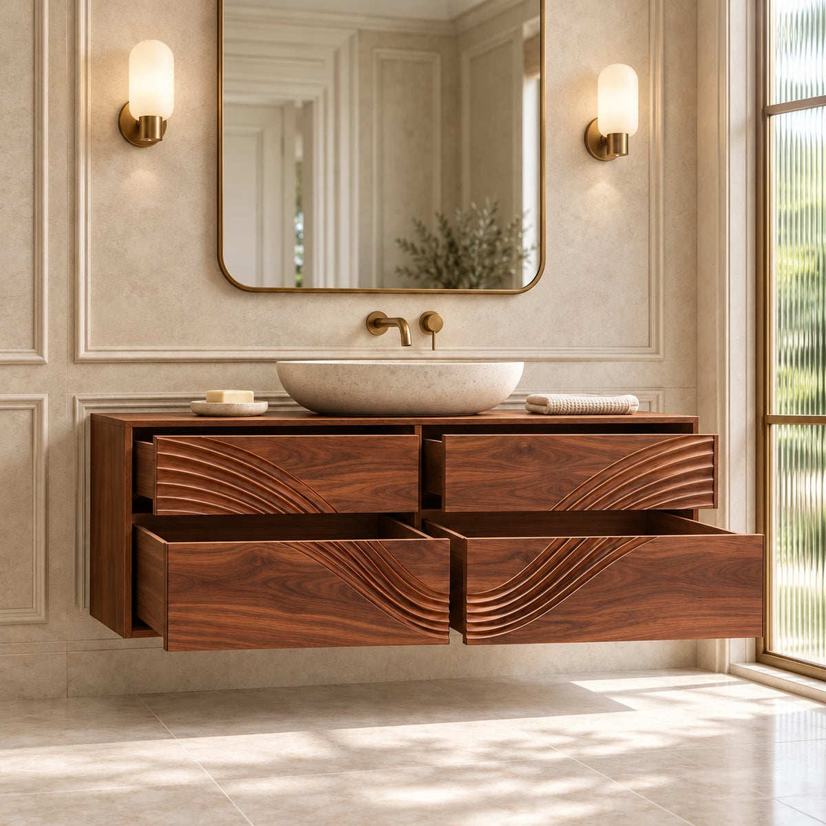 Solid Wood Bathroom Vanity with Four Wave-Carved Drawers and Round Vessel Basin - Woodenecho - 6