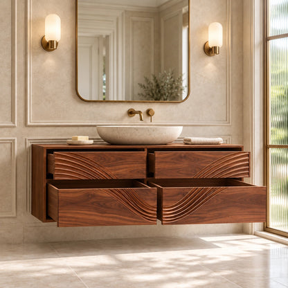 Solid Wood Bathroom Vanity with Four Wave-Carved Drawers and Round Vessel Basin - Woodenecho - 6