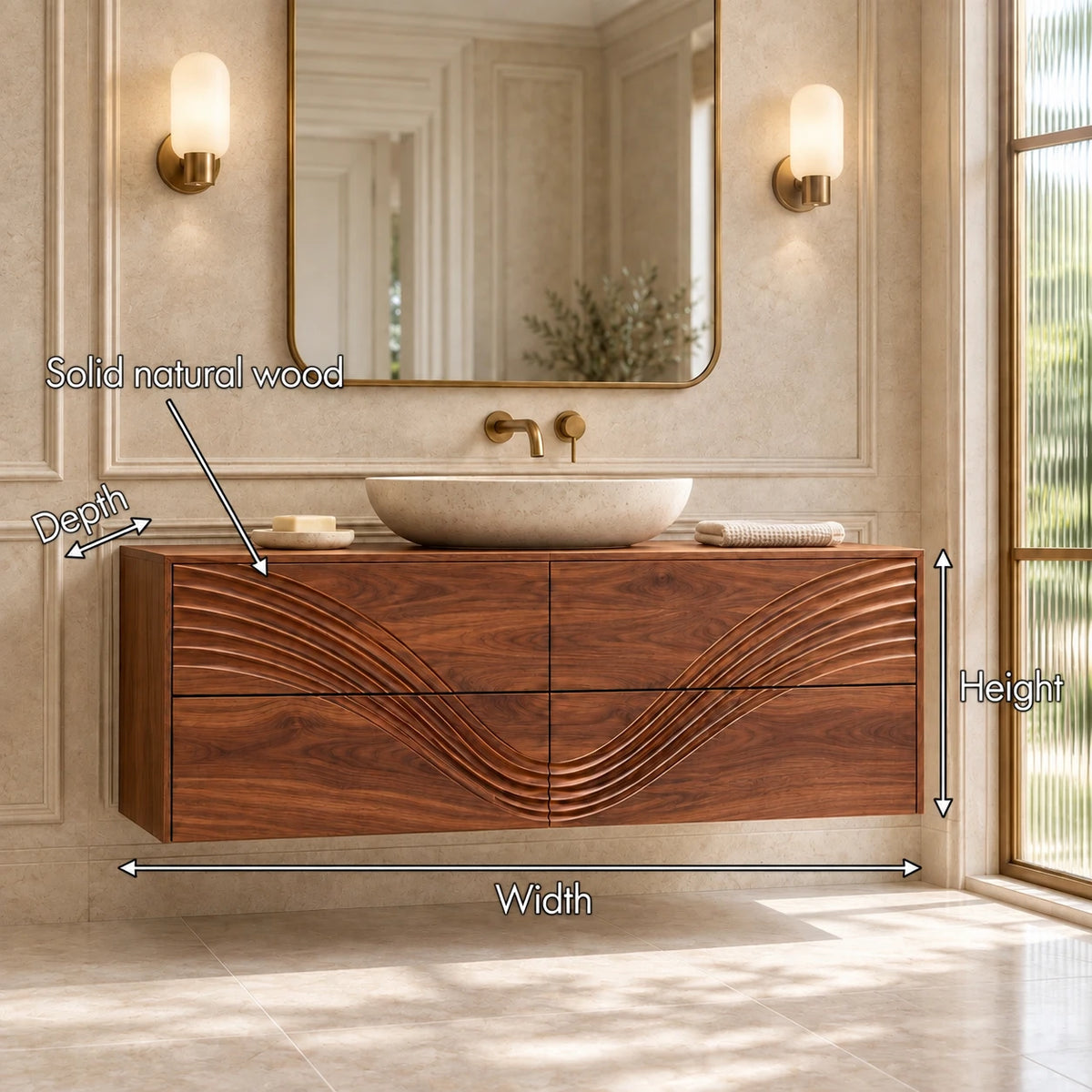 Solid Wood Bathroom Vanity with Four Wave-Carved Drawers and Round Vessel Basin - Woodenecho - 7
