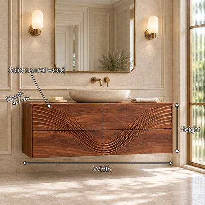 Solid Wood Bathroom Vanity with Four Wave-Carved Drawers and Round Vessel Basin - Woodenecho - 7