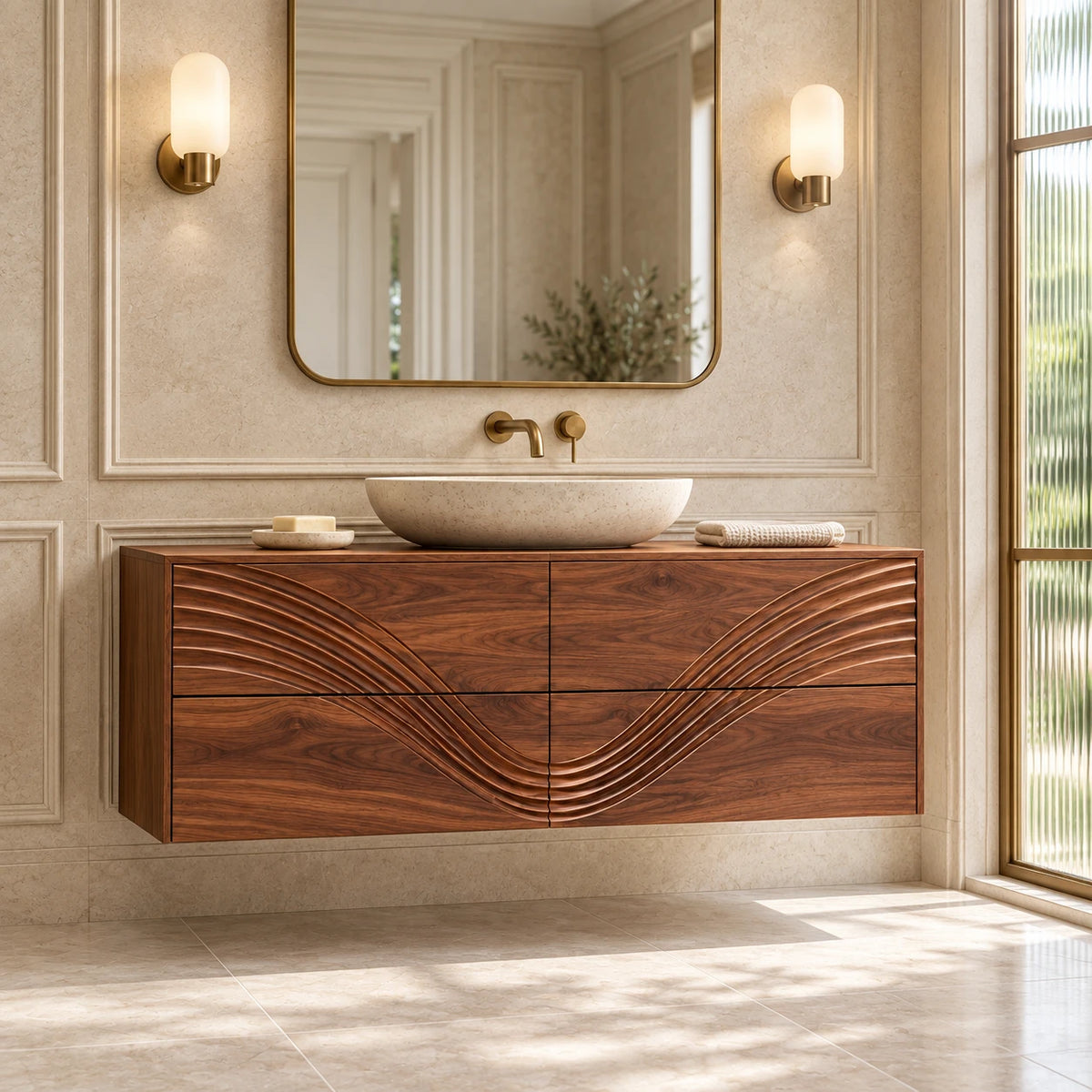 Solid Wood Bathroom Vanity with Four Wave-Carved Drawers and Round Vessel Basin - Woodenecho - 8
