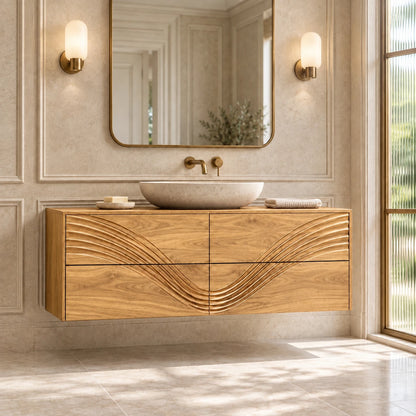 Solid Wood Bathroom Vanity with Four Wave-Carved Drawers and Round Vessel Basin - Woodenecho - 9