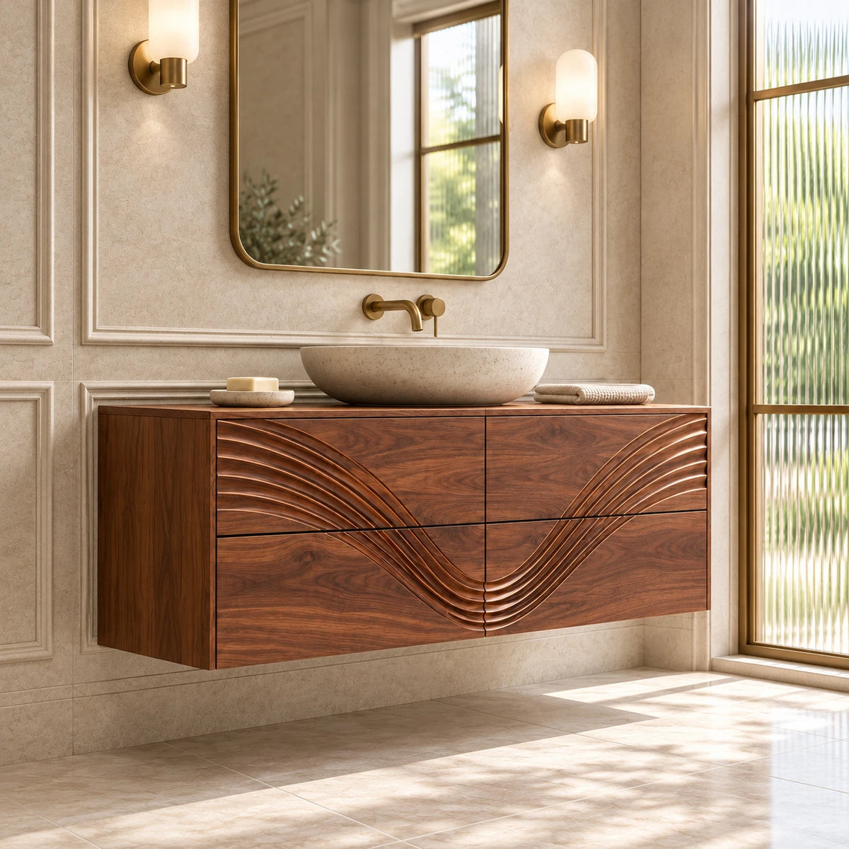 Solid Wood Bathroom Vanity with Four Wave-Carved Drawers and Round Vessel Basin - Woodenecho