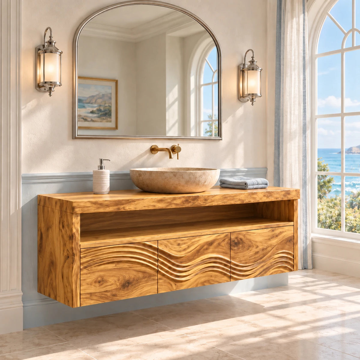 Solid Wood Bathroom Vanity with Three Wave-Carved Doors and Open Towel Shelf - Woodenecho - 10