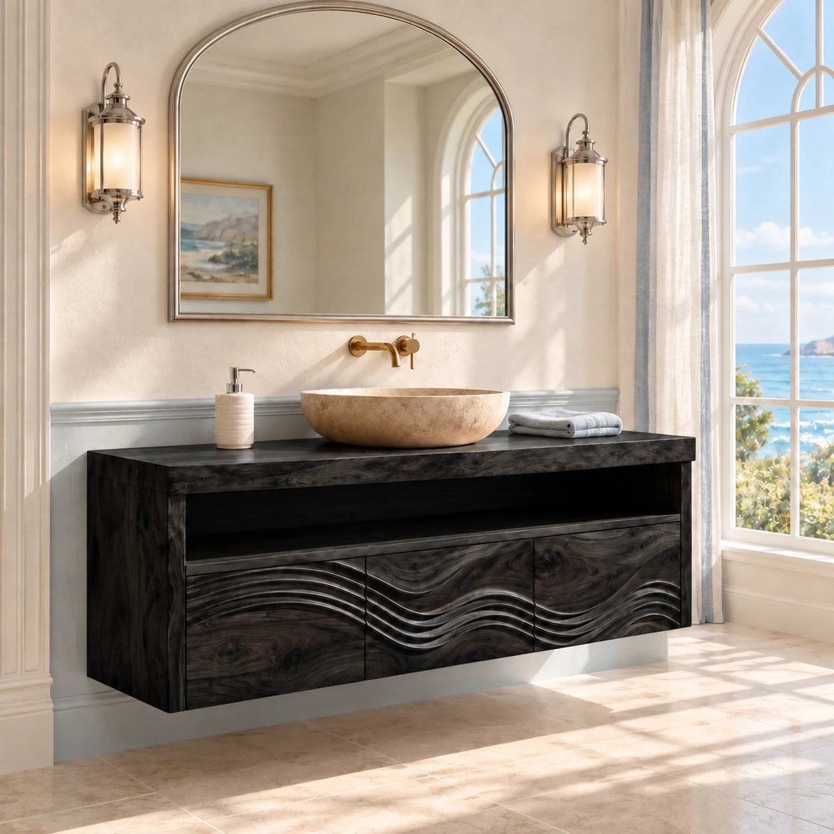 Solid Wood Bathroom Vanity with Three Wave-Carved Doors and Open Towel Shelf - Woodenecho - 11