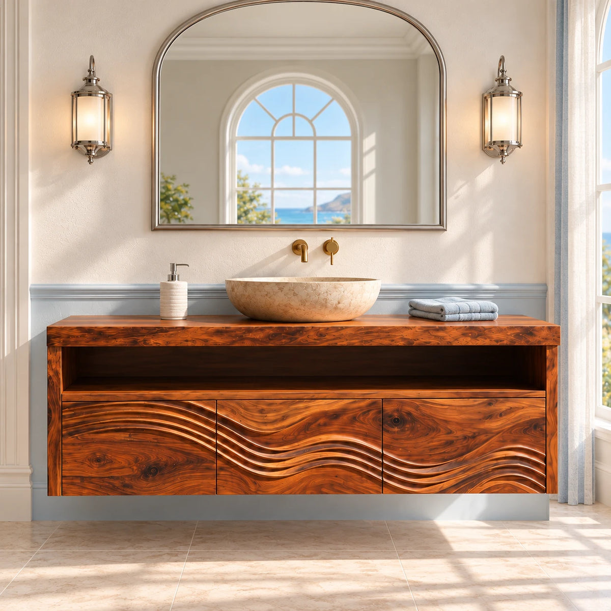 Solid Wood Bathroom Vanity with Three Wave-Carved Doors and Open Towel Shelf - Woodenecho - 2