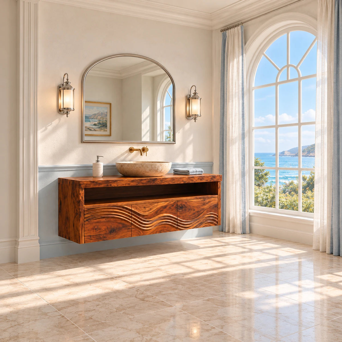Solid Wood Bathroom Vanity with Three Wave-Carved Doors and Open Towel Shelf - Woodenecho - 3