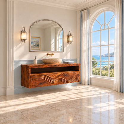 Solid Wood Bathroom Vanity with Three Wave-Carved Doors and Open Towel Shelf - Woodenecho - 3