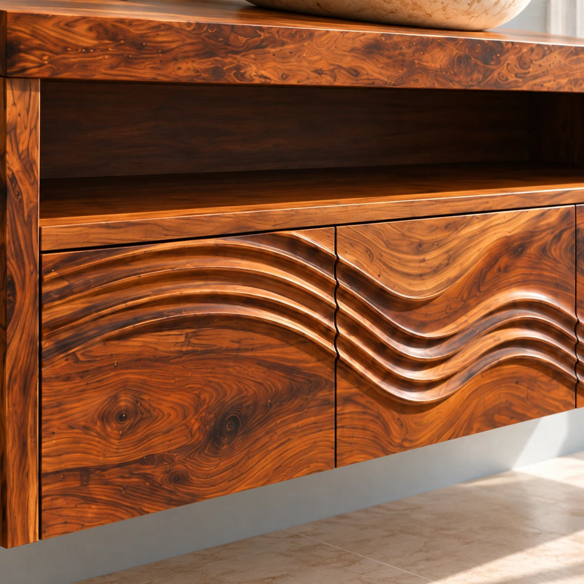 Solid Wood Bathroom Vanity with Three Wave-Carved Doors and Open Towel Shelf - Woodenecho - 4