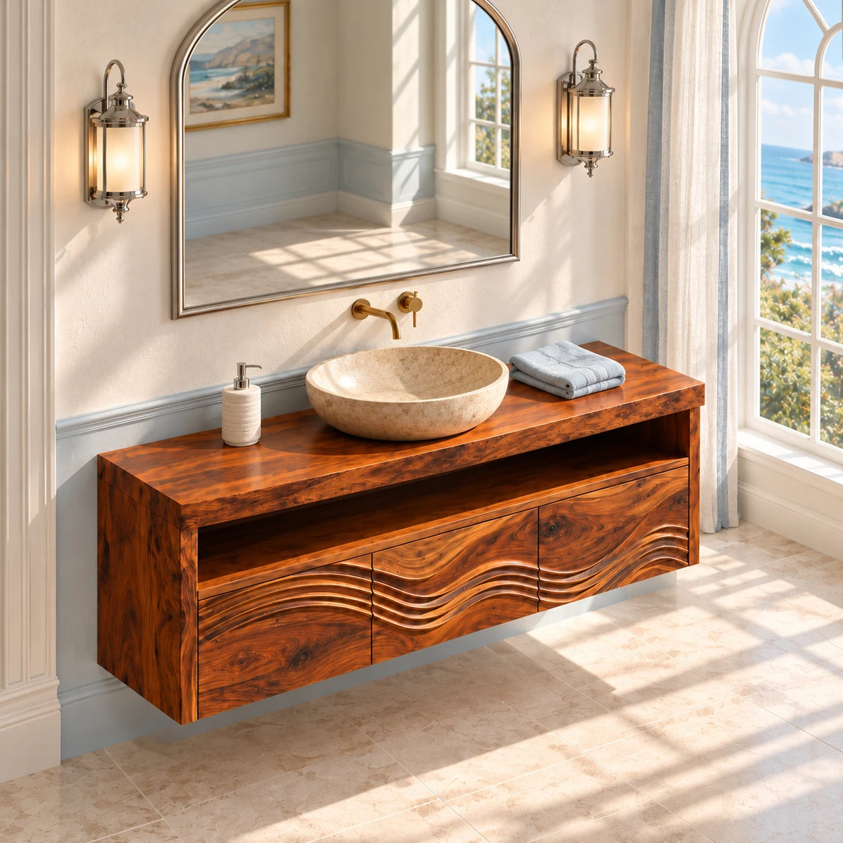 Solid Wood Bathroom Vanity with Three Wave-Carved Doors and Open Towel Shelf - Woodenecho - 5