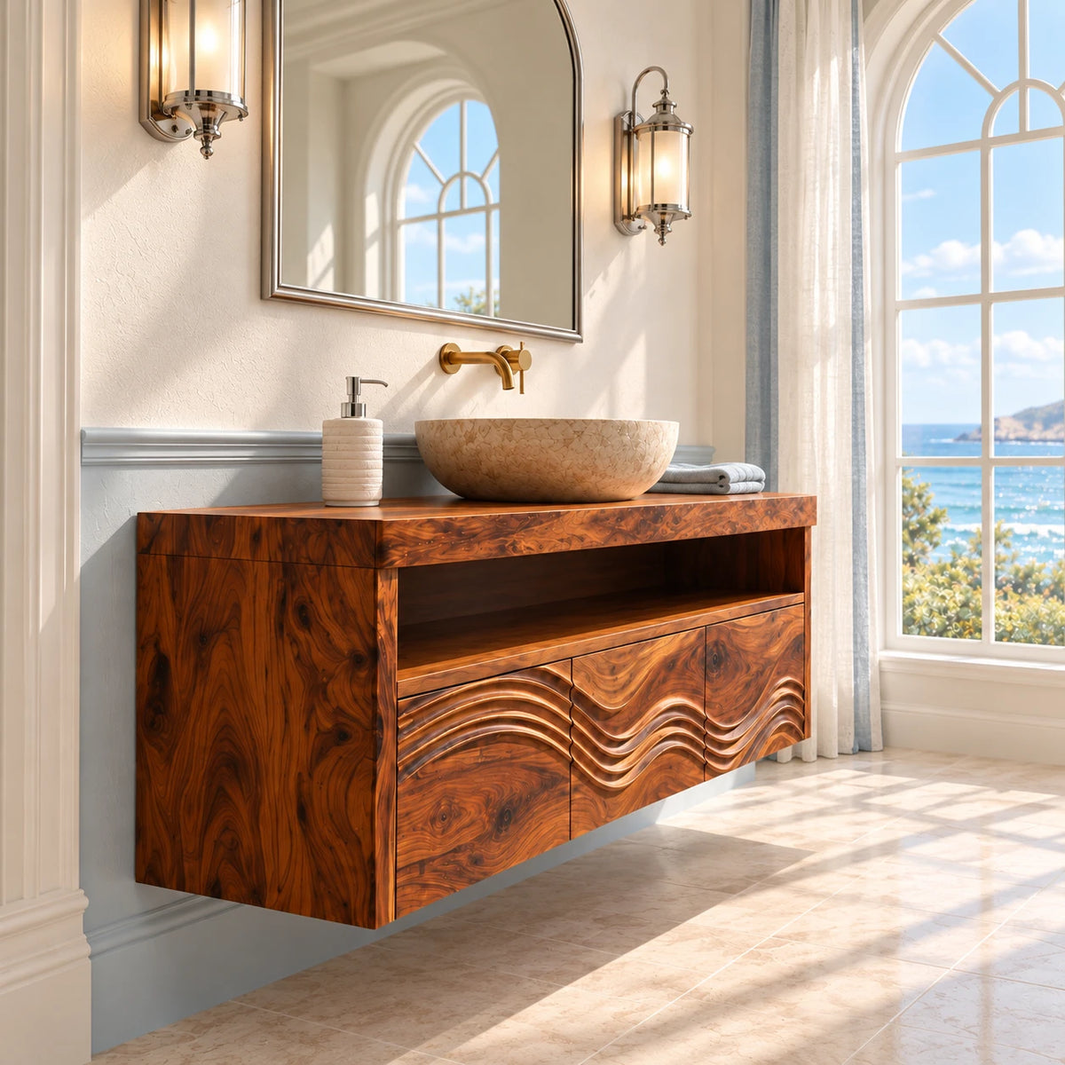 Solid Wood Bathroom Vanity with Three Wave-Carved Doors and Open Towel Shelf - Woodenecho - 6