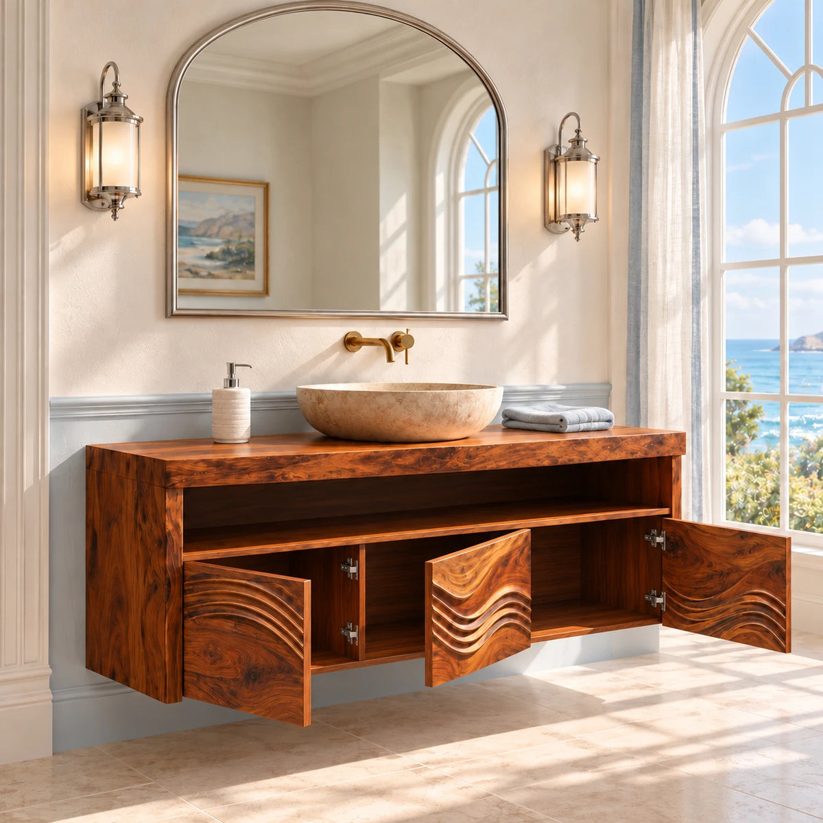 Solid Wood Bathroom Vanity with Three Wave-Carved Doors and Open Towel Shelf - Woodenecho - 7