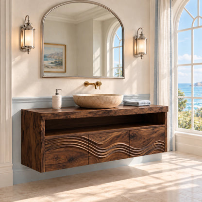 Solid Wood Bathroom Vanity with Three Wave-Carved Doors and Open Towel Shelf - Woodenecho - 9