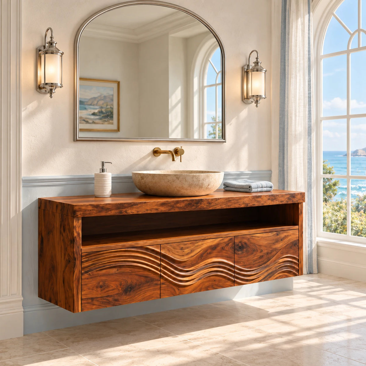 Solid Wood Bathroom Vanity with Three Wave-Carved Doors and Open Towel Shelf - Woodenecho