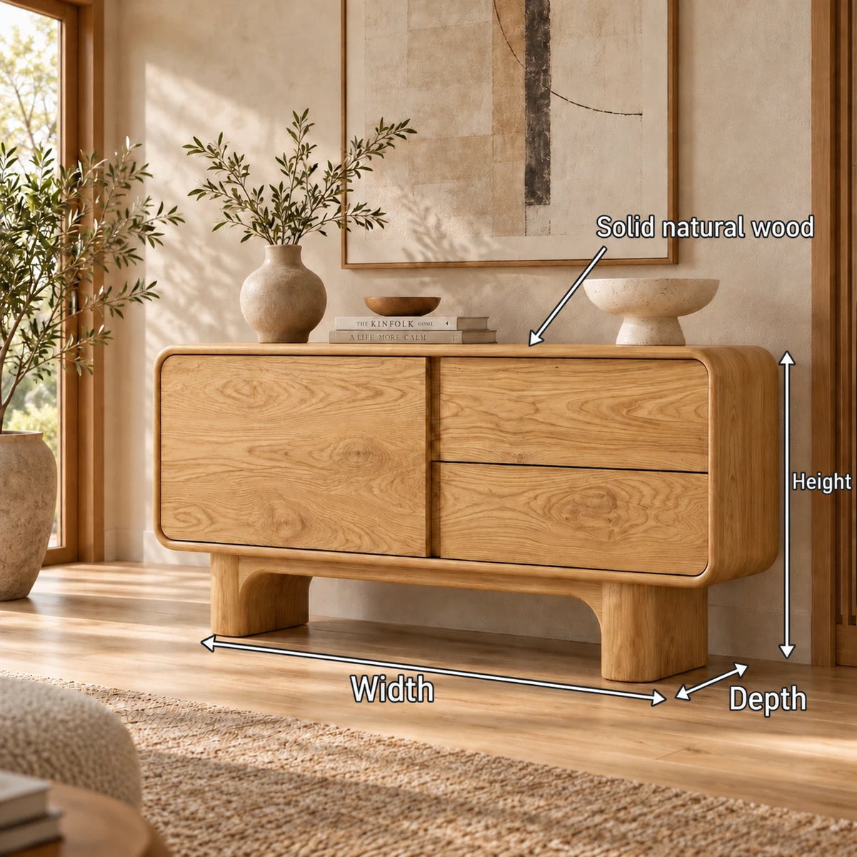 Solid Wood Sideboard with Door, Twin Drawers and Rounded Block-Leg Base - Woodenecho - 10