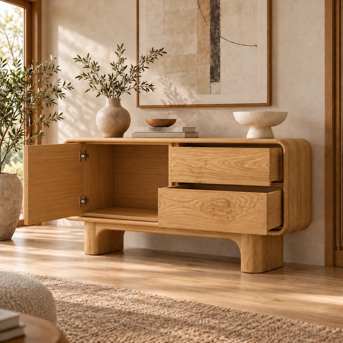 Solid Wood Sideboard with Door, Twin Drawers and Rounded Block-Leg Base - Woodenecho - 11