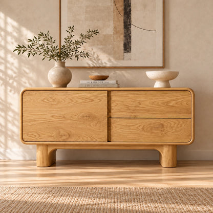 Solid Wood Sideboard with Door, Twin Drawers and Rounded Block-Leg Base - Woodenecho - 2