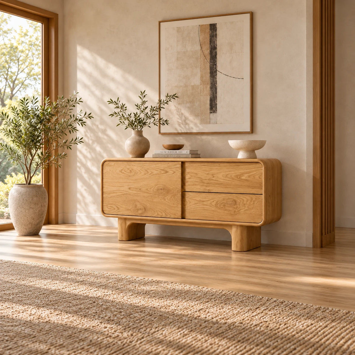 Solid Wood Sideboard with Door, Twin Drawers and Rounded Block-Leg Base - Woodenecho - 3