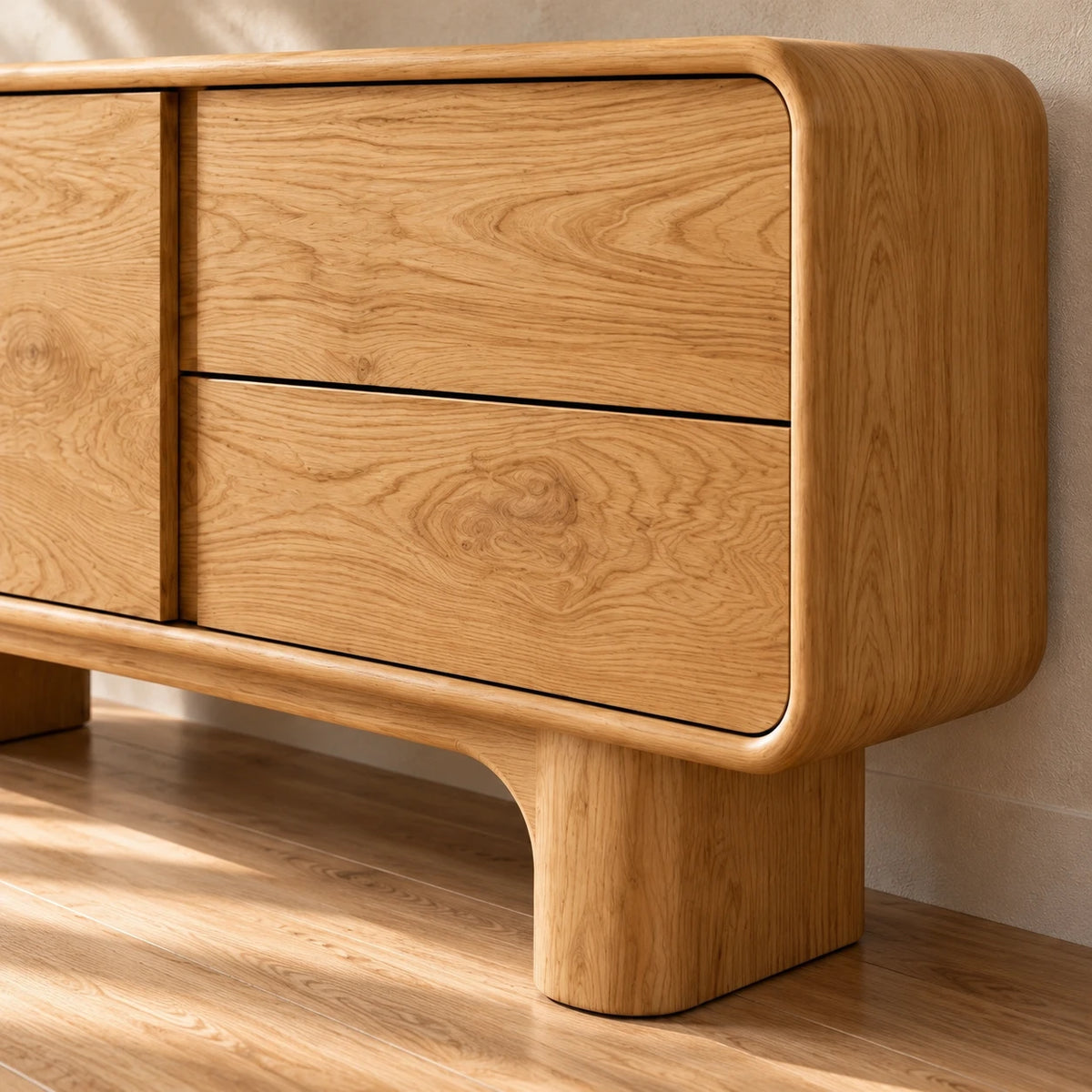 Solid Wood Sideboard with Door, Twin Drawers and Rounded Block-Leg Base - Woodenecho - 4