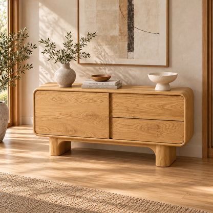 Solid Wood Sideboard with Door, Twin Drawers and Rounded Block-Leg Base - Woodenecho - 5